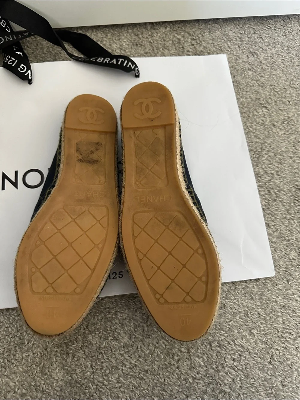 CHANEL Navy Quilted Espadrilles with Beige CC Logo